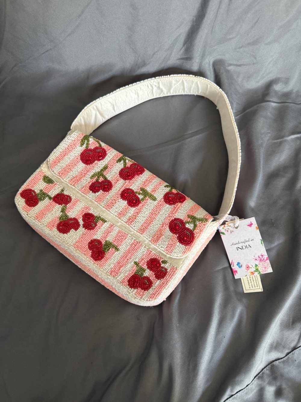 Pink Cherry-Bead Embellished Shoulder Bag